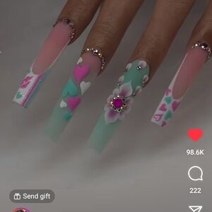 Colorful Heart and Flower Nail Art